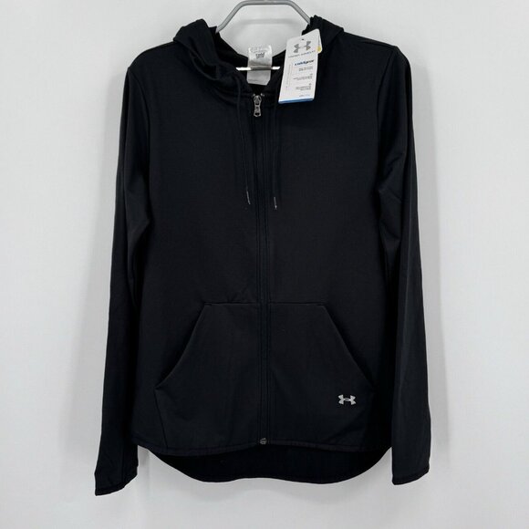 Under Armour Cold Gear Full Zip Hooded Jacket sz M Women's in Black Fleece Lined - Picture 2 of 11